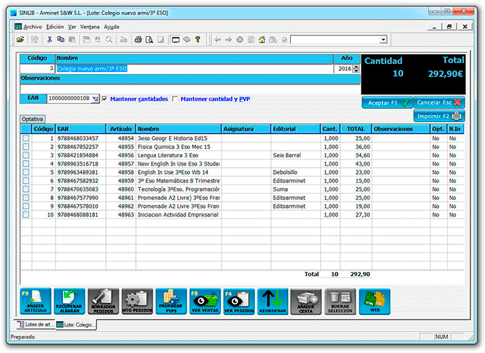 SINLIB, lotes de artículos