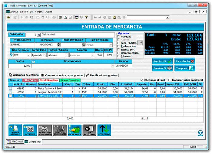 SINLIB, entrada de mercancía